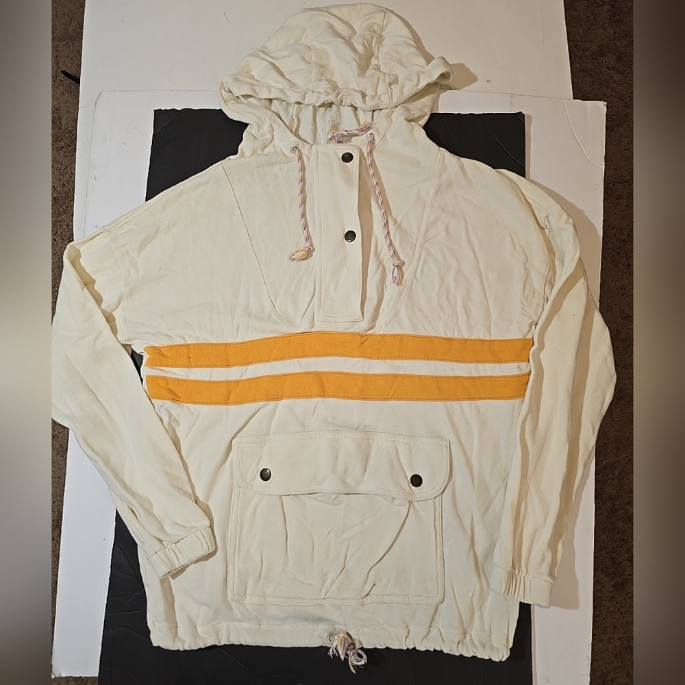 Faherty Womens French Terry Daybreak Cream Hoodie with Yellow Stripes Size XS